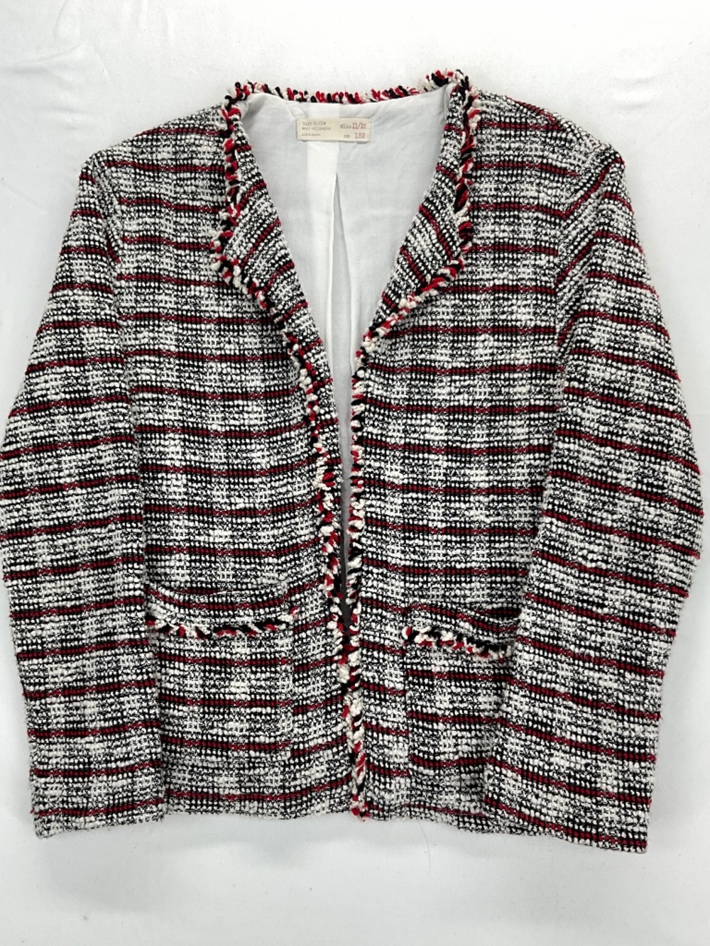 Zara Girls Tweed Fringe Trim Jacket Red Black White Boucle Collarless 11/12